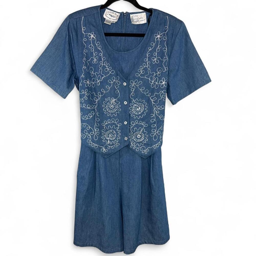 1994 Vintage Chambray Romper Size S/M Embroidered Cottagecore‎ Americana Western